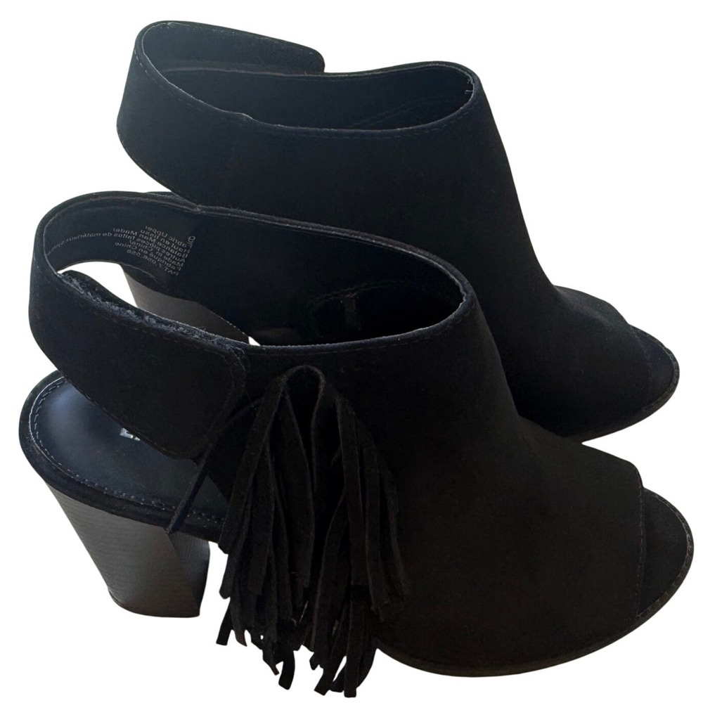 Express Womens Black Fringe Peep Toe Block Heel Booties Slingback Size 9 4 Inch
